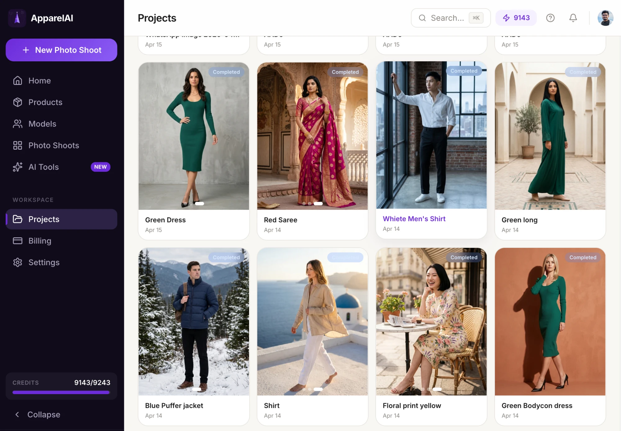 ApparelAI Studio Projects dashboard showing saved photoshoots — Green Dress, Red Saree, White Men's Shirt, Green Bodycon and more, each reopenable for new variants or platform exports