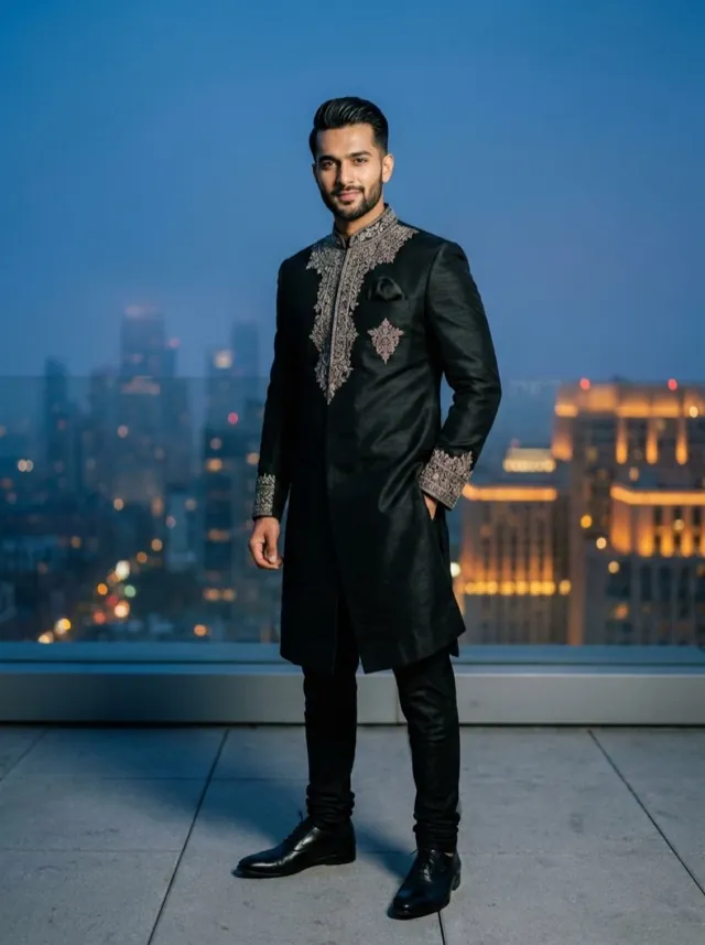 Black Designer Sherwani - AI-generated fashion photoshoot by ApparelAI Studio