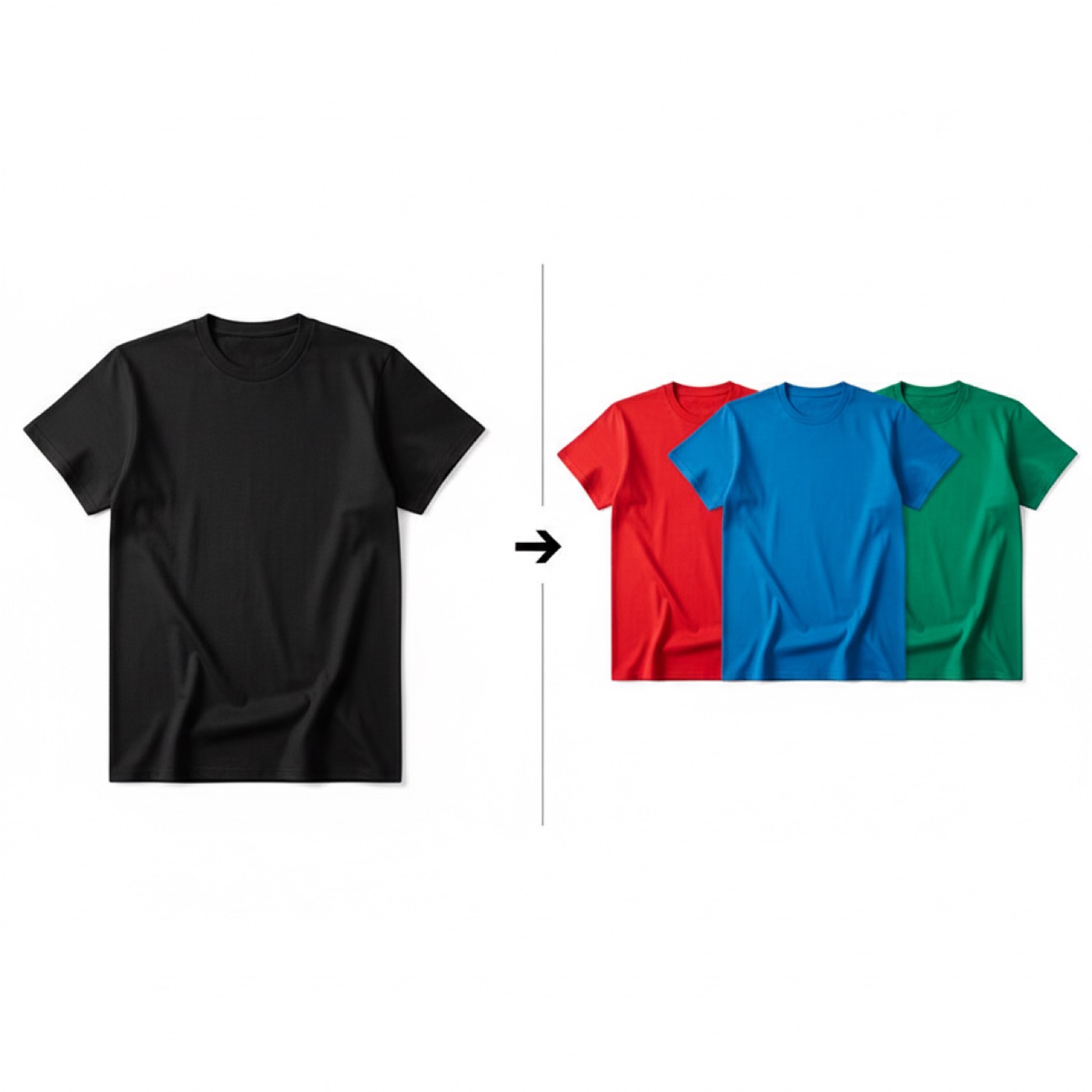 AI Color Variation output - same t-shirt rendered in black, red, blue and green for a fashion catalog color story