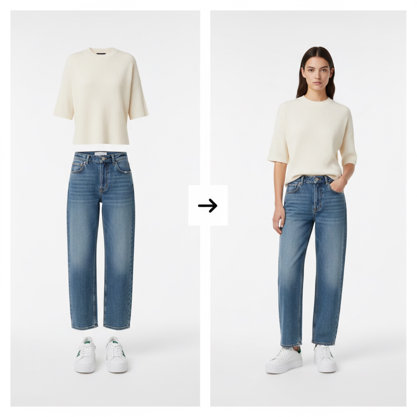 AI Outfit Builder - cream knit top and blue jeans composed into one fully-styled shop-the-look photo on a model